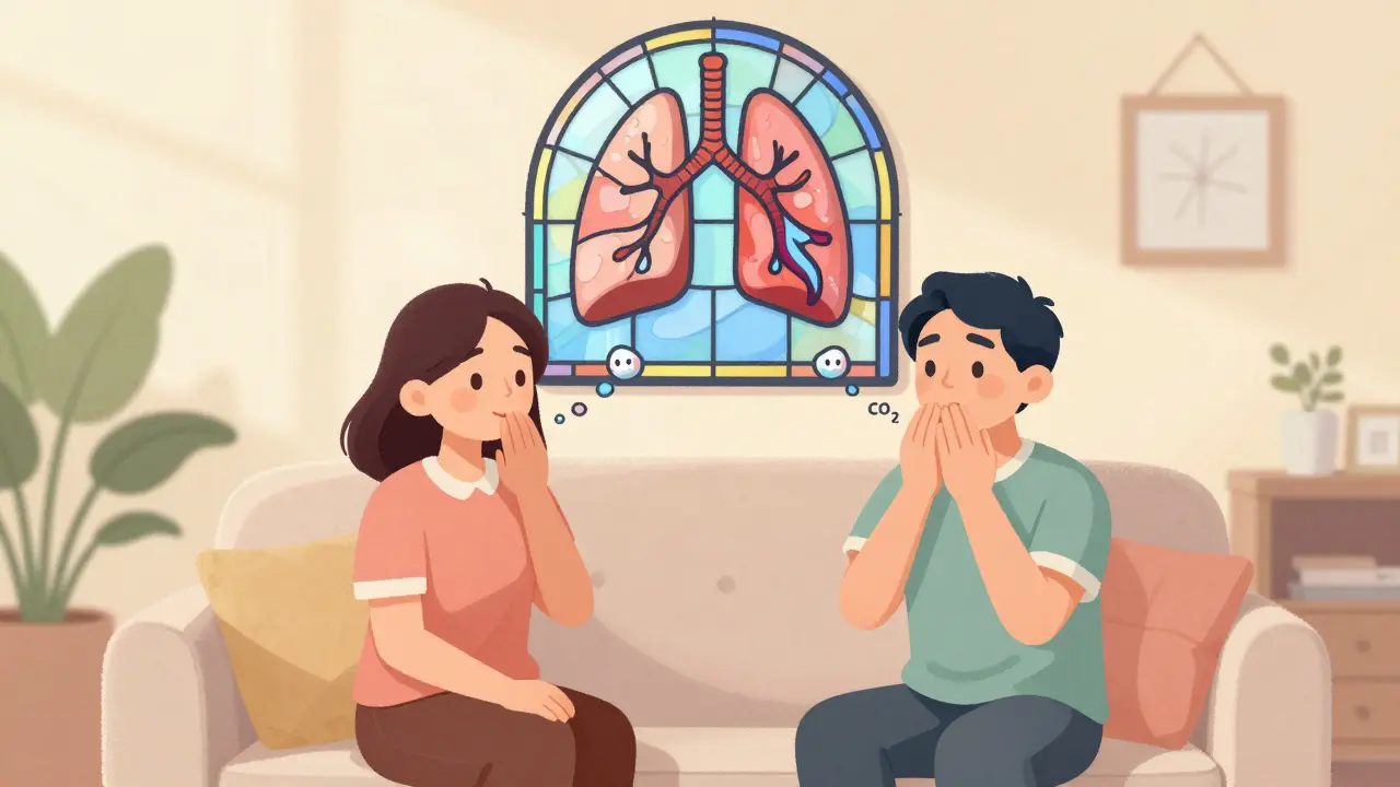 Dvě osoby dýchají hluboce z břicha, nad nimi je vizualizace správného dýchání jako vitráže.