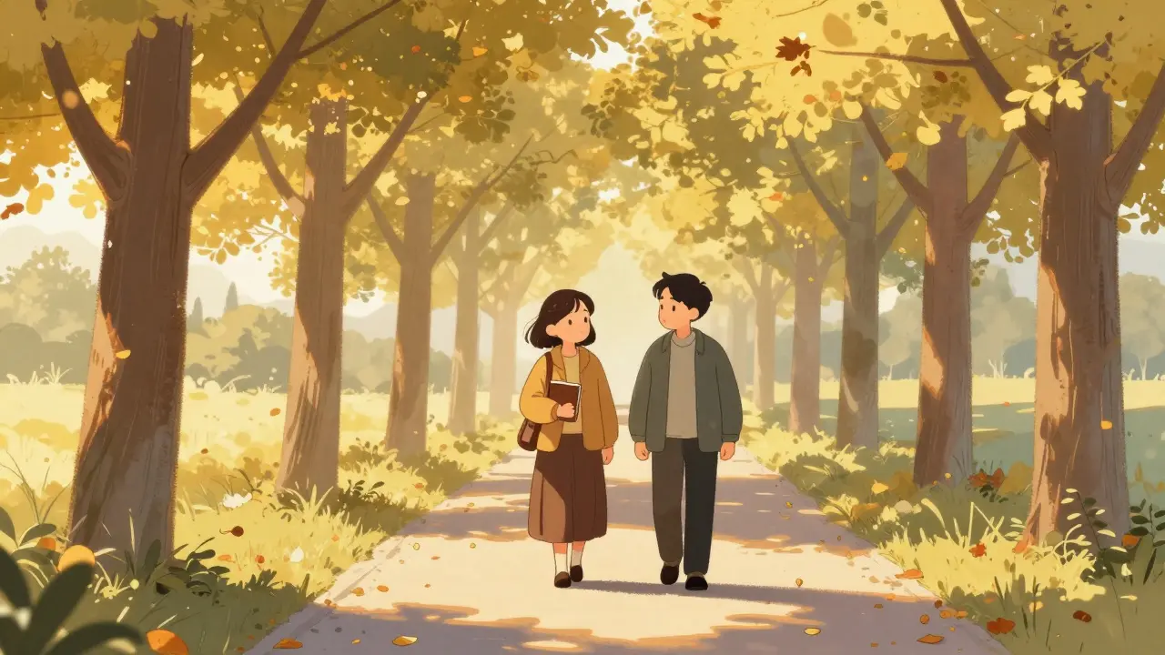 Dvě osoby se procházejí a jedna naslouchá druhé s laskavostí a pozorností.