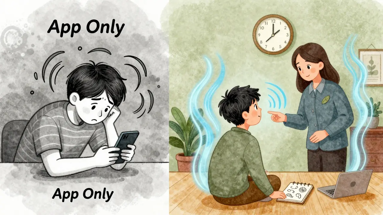 Dvě scény: jedna s lidem stresovaným aplikací, druhá s odborníkem mindfulness — kontrast chaosu a klidu.