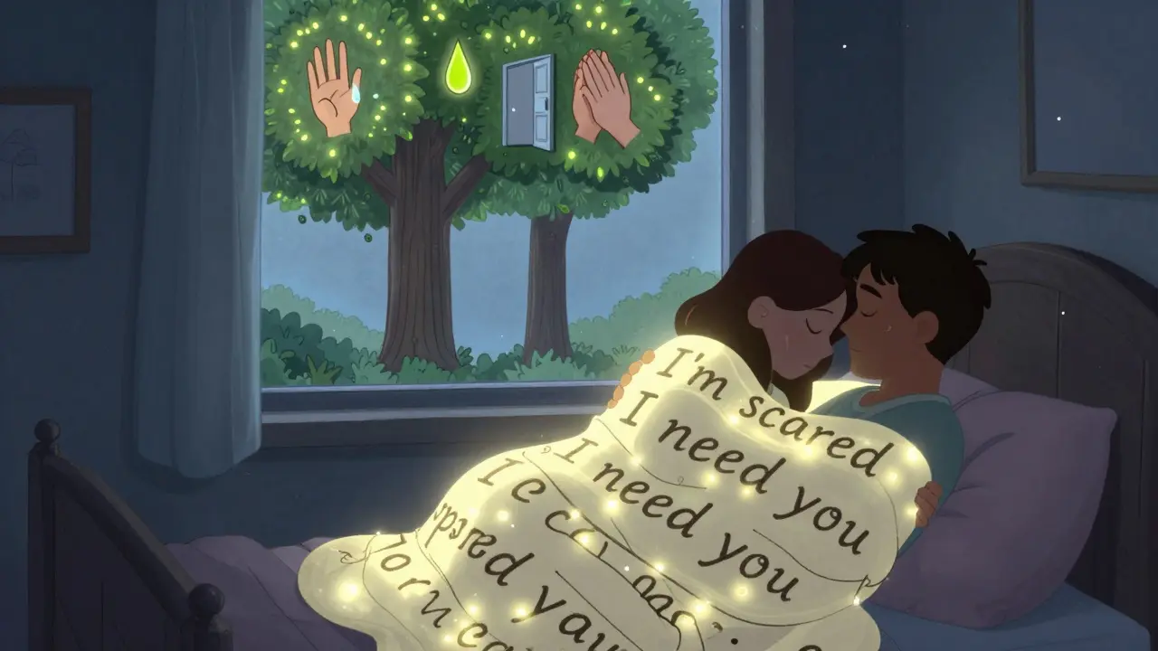 Dvojice se objímá v šeříku, pokrytá zářivou plachtou s vyrytými slovy úcty a náležitosti, za nimi roste strom s jedním kmenem.