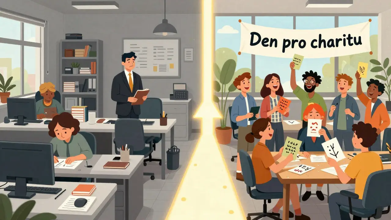 Kontrast mezi těžkým pracovním prostředím a živým, laskavým týmovým dnem pro charitu.