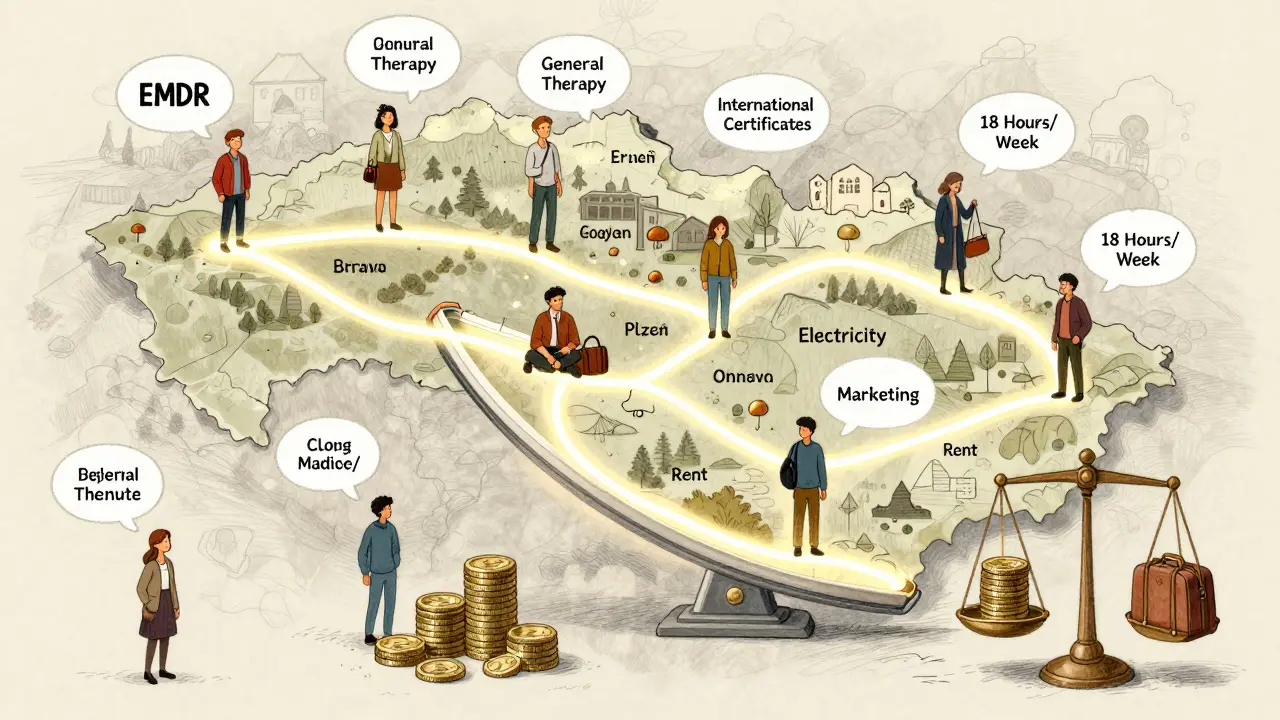 Mapa Česka s cestami mezi Prahou a regiony, kde jsou vidět různé specializace terapeutů a cestovní náklady klientů.