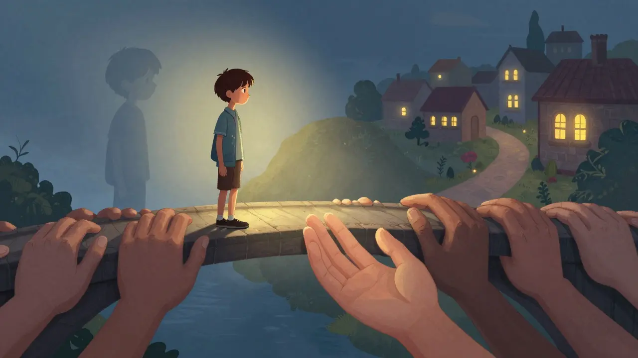 Mladý člověk táhne k ruce, která ho drží, zatímco jeho stará sebevědomost se rozplyne.