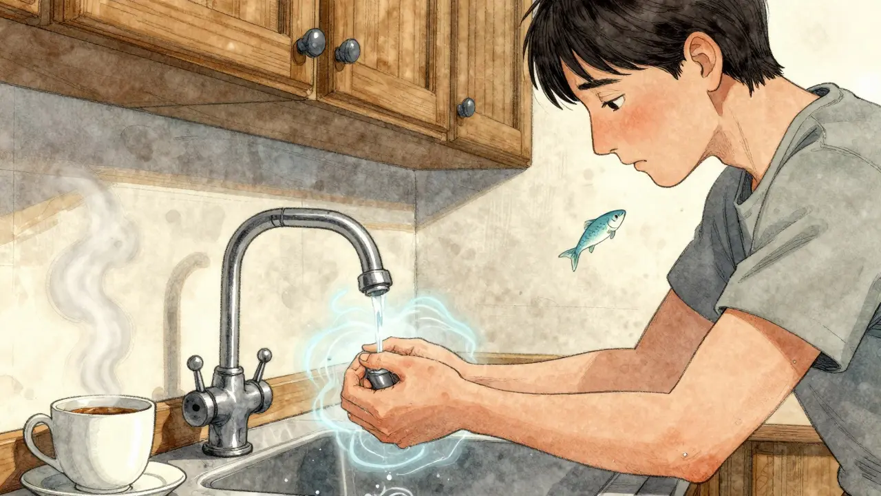 Osoba přiloží zápěstí k chladné rukojeti, kolem ní se šíří modrý chlad jako symbol plaveckého reflexu.