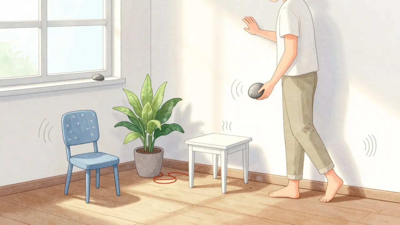 Osoba se dotýká zdi a drží kámen, kolem ní jsou vidět pět věcí, čtyři dotyky a tři zvuky jako znaky uzemnění.