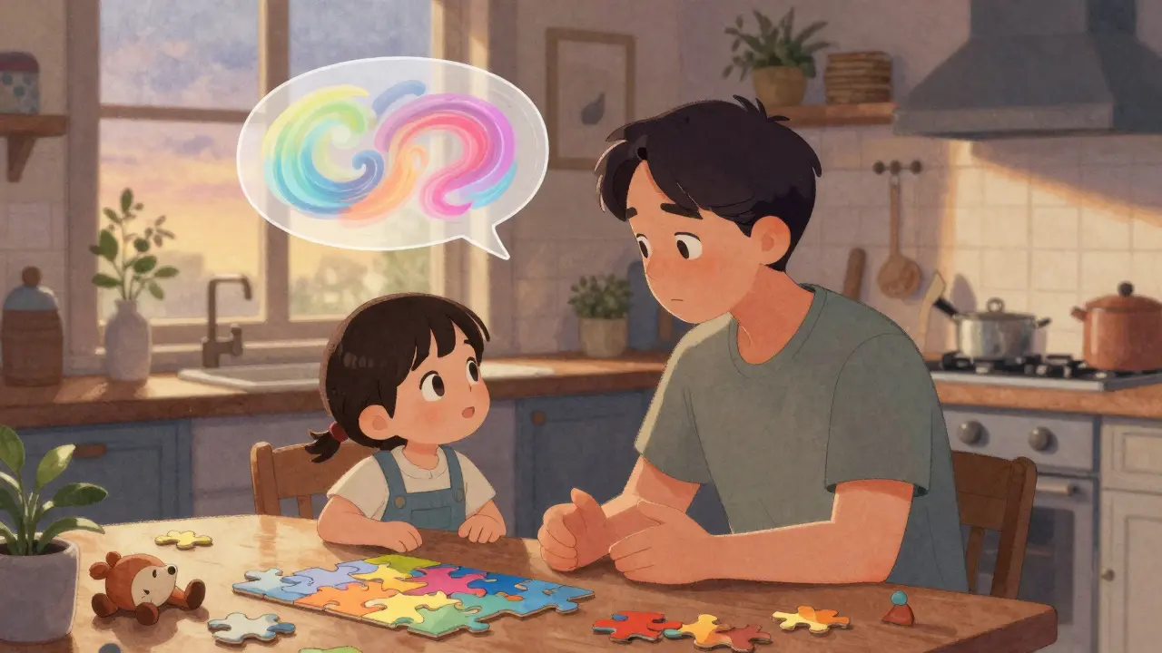 Rodič a dítě sedí u stolu ve večerním světle, rodič naslouchá mlčky, nad dítětem se objevují barvité obláčky.