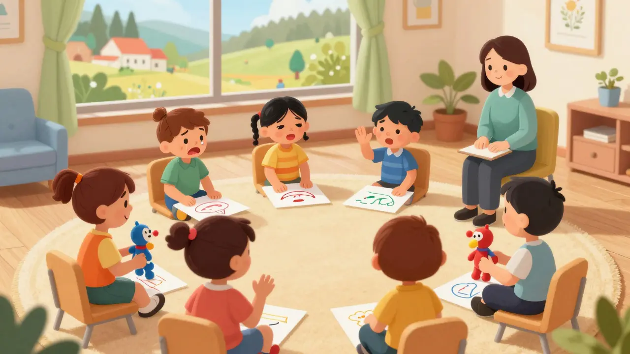 Skupina dětí v terapeutické místnosti hraje s loutkami a hlínou, terapeut pozoruje.