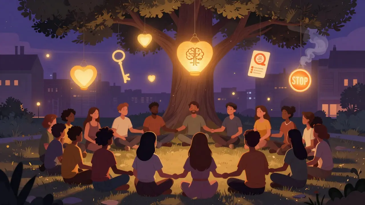 Skupina lidí sedí pod stromem ve večerním světle, nad nimi plavou lampiony tvaru srdcí a klíčů.