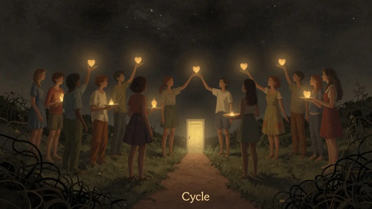 Skupina lidí stojí v kruhu pod hvězdami, drží lampiony ve tvaru srdce, cesta vede od tmy ke světlu.