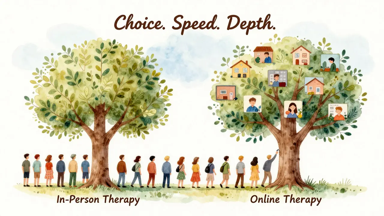 Strom s dvěma kmeny: jeden označený osobní terapií s čekajícími lidmi, druhý online terapií s okamžitými připojeními.