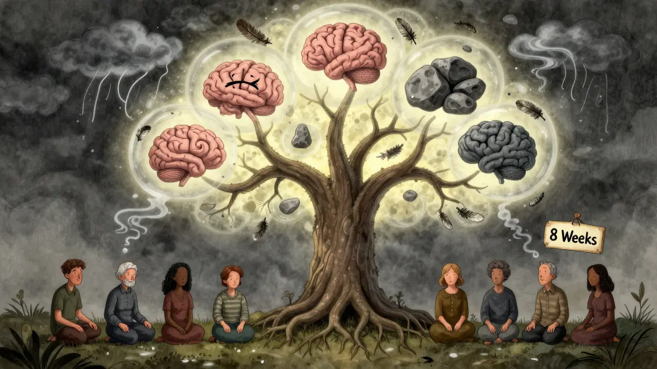 Strom s mozkovými kořeny, jehož větve představují emoce, kolem něj lidé v klidu — symbol mindfulness jako přirozeného procesu.