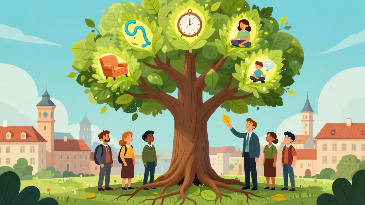 Strom s podporou duševního zdraví, kořeněný v českém městě, s listy představujícími klíčové programy.