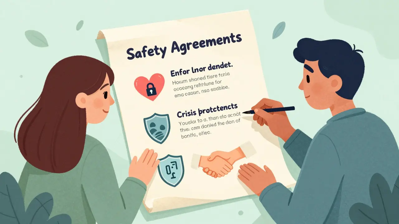 Terapeut a klient kreslí dohody na pergamenu s symboly jako zámek, štít a stisk ruky