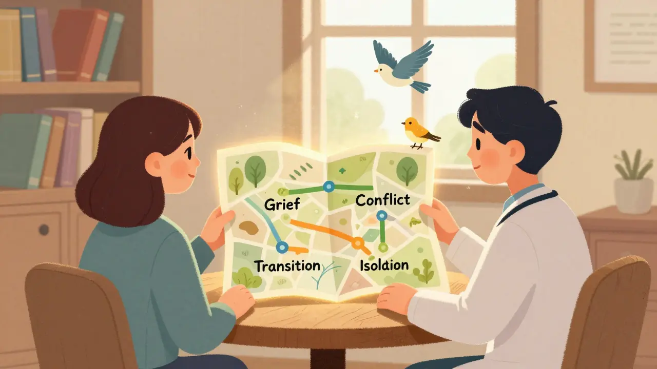 Terapeut a klient společně procházejí mapu čtyř oblastí deprese.