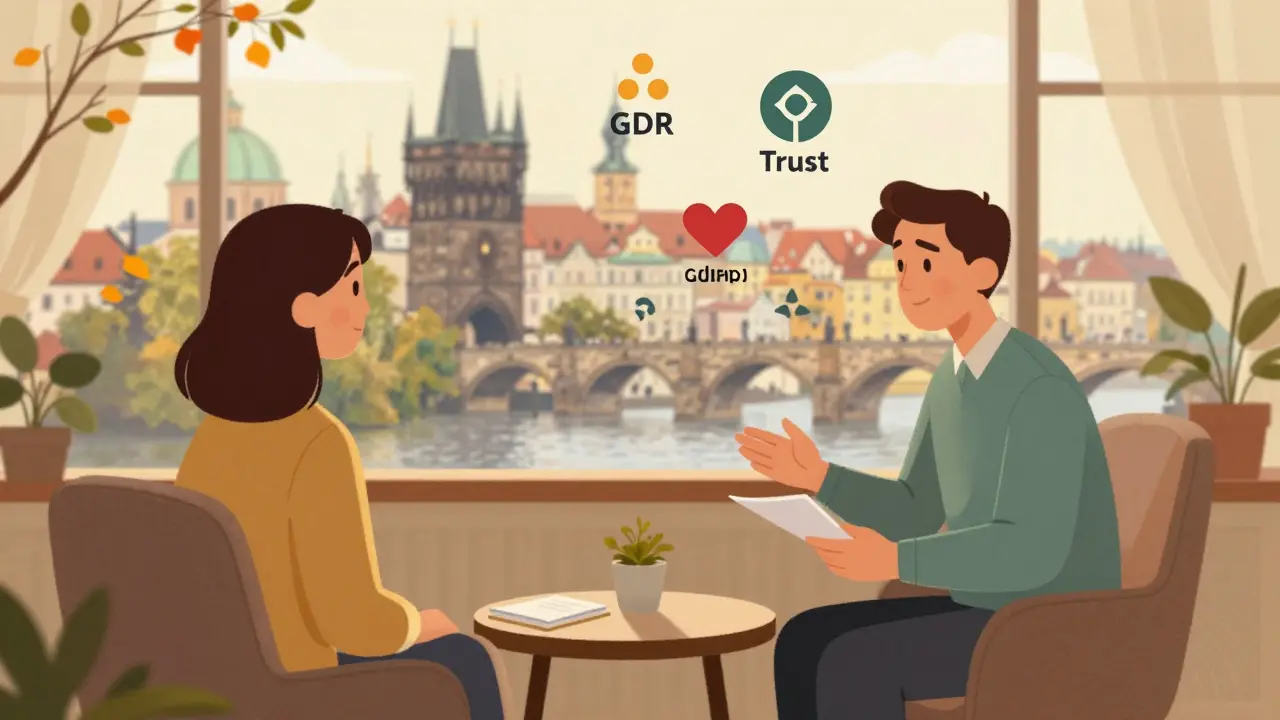 Terapeut a klient v pokoji s Karlým mostem v pozadí, symboly GDPR a důvěry