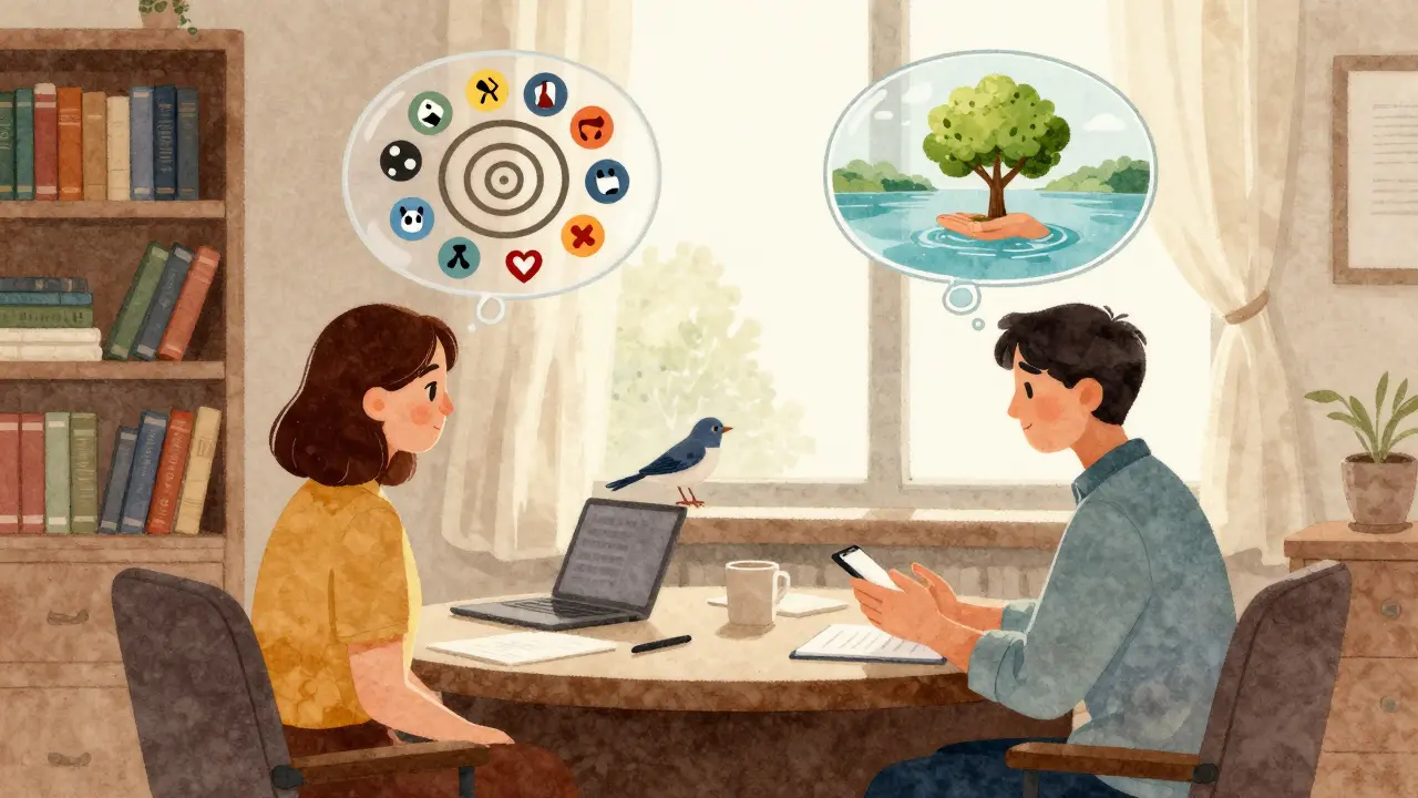 Terapeut a pacient sedí v kanceláři, nad jejich hlavami jsou myšlenky o hraní a hojení.