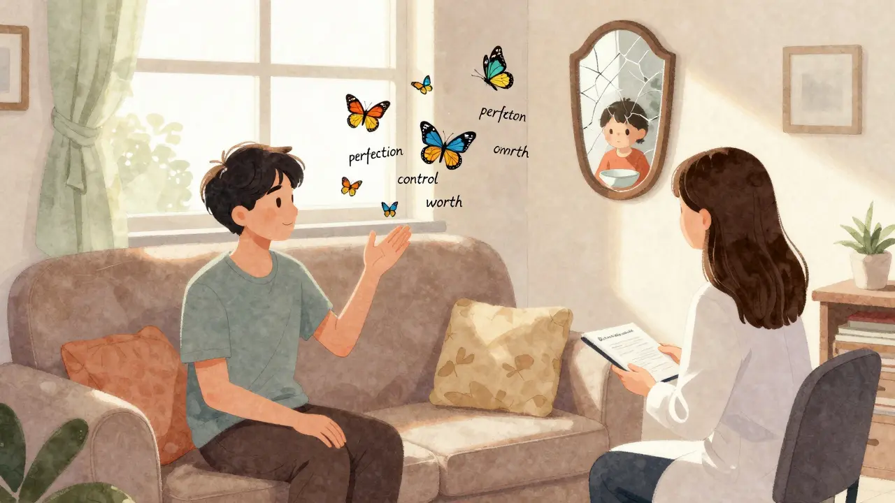 Terapeut a pacientka spolu na pohovce, výletní motýli odletují od jejích rukou, zrcadlo ukazuje dítě.