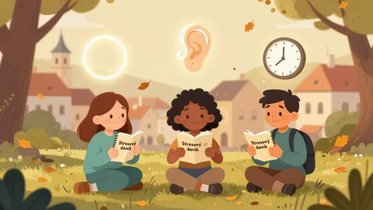 Tři rodiny v parku drží deníky, nad nimi plavou symboly dechu, naslouchání a struktury, listí se pomalu snáší.