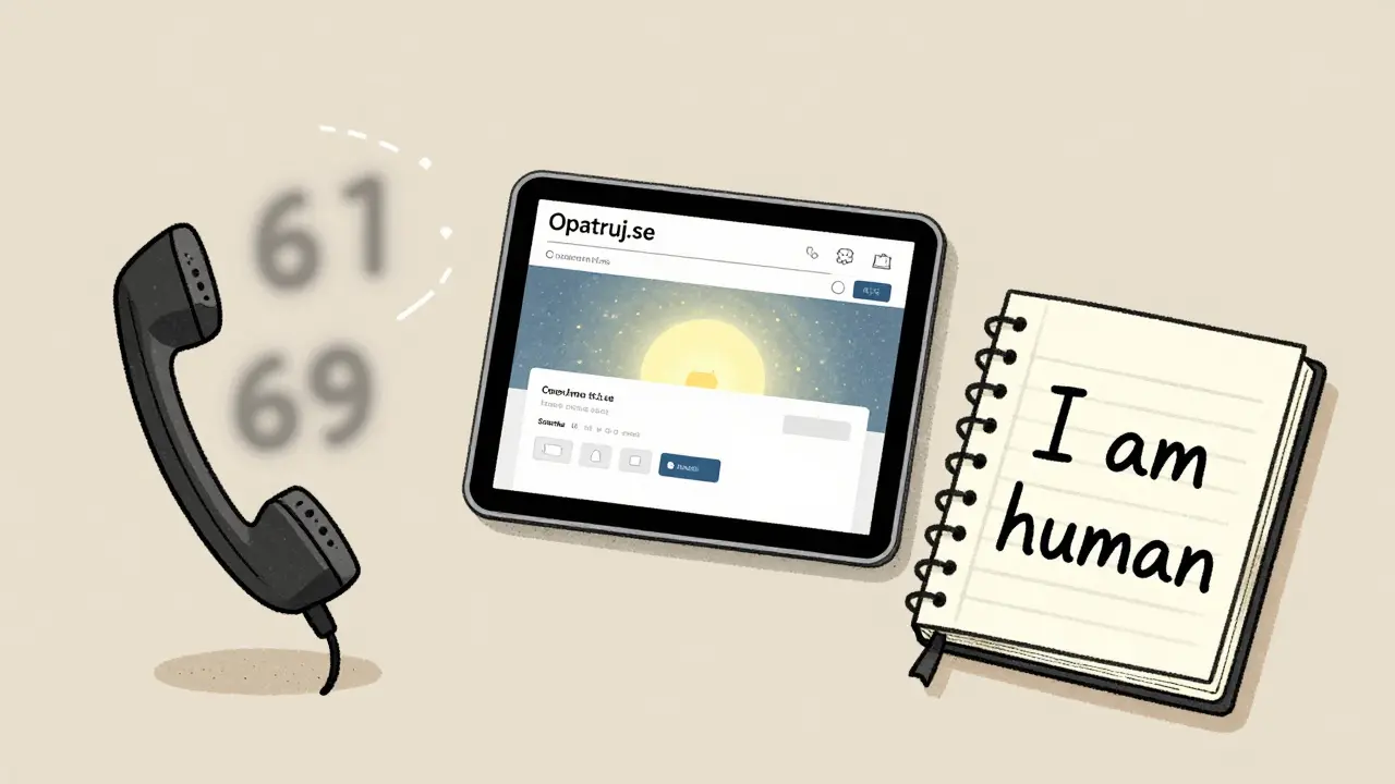 Tři symbolické prvky: telefon, webová stránka a deník, které představují podporu a sebepoznání.