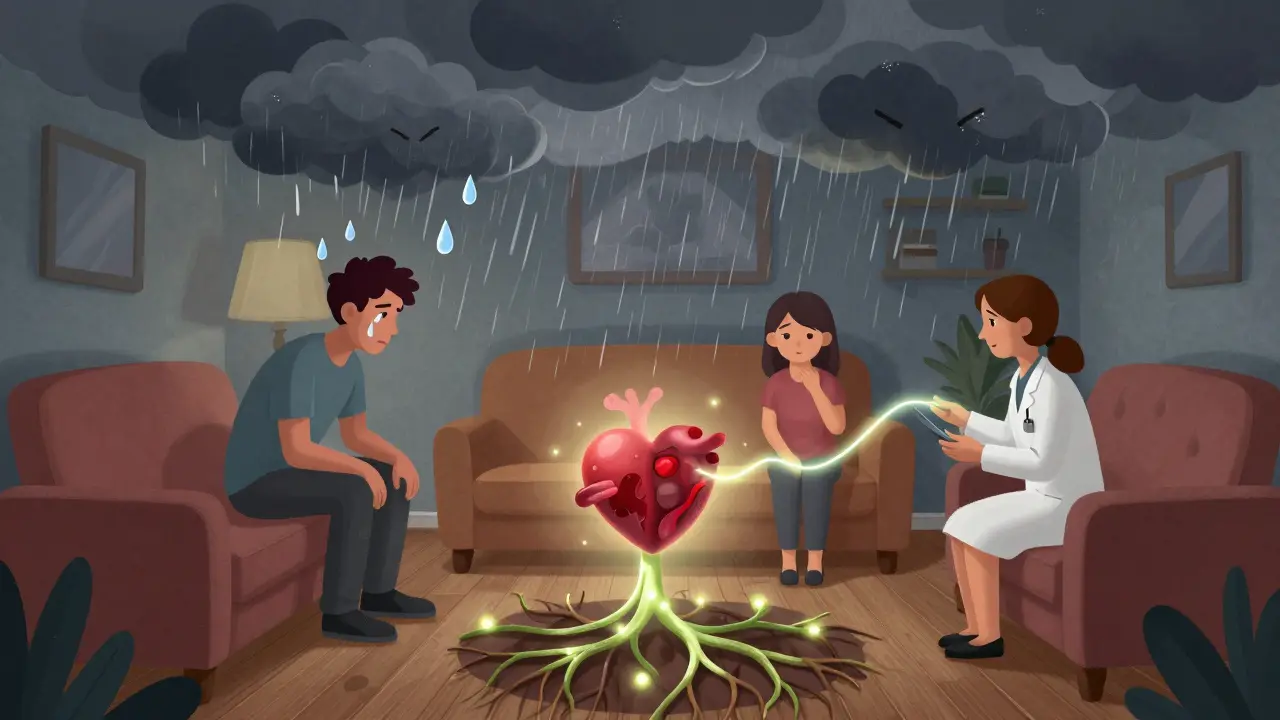 V interiéru bytu se bouřlivé emoce přeměňují v kapky deště, které propojují srdce párů skrytými kořeny světla.