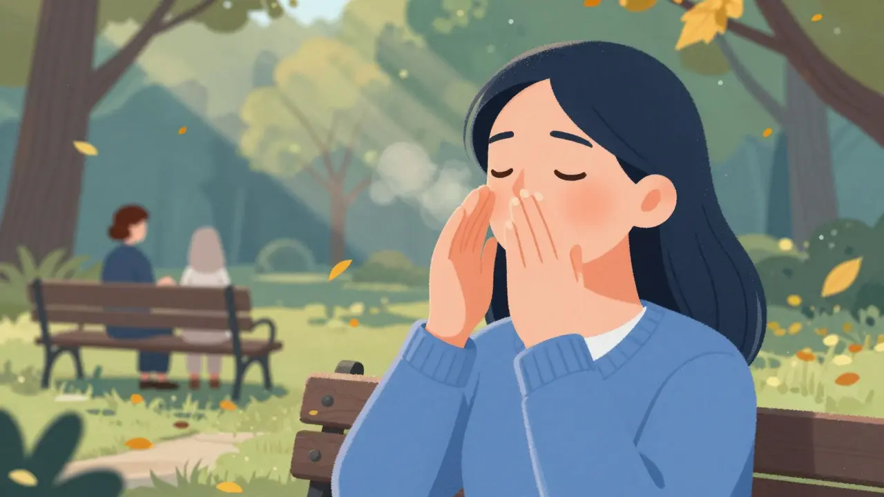 Žena dýchá v parku s terapeutom na lavičce, listí a sluneční paprsky, klidná atmosféra