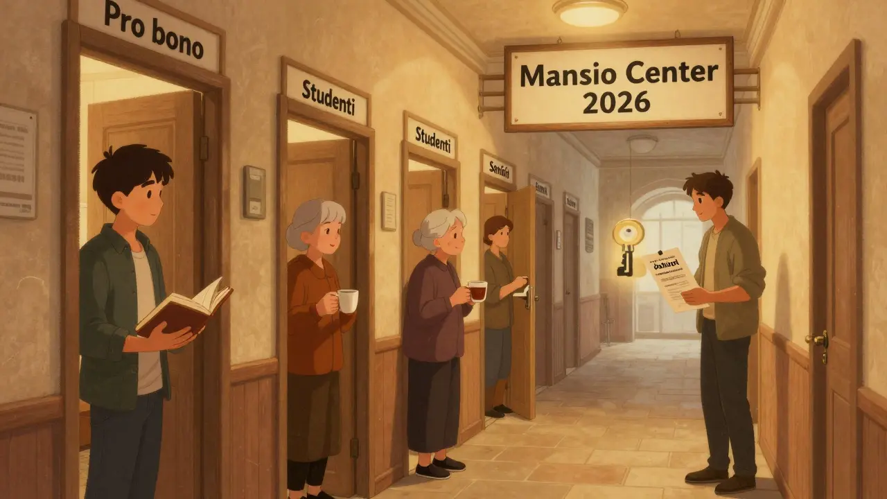 Chodba psychologického centra s otevřenými dveřmi do různých služeb, na konci značka 'Mansio Center 2026'.