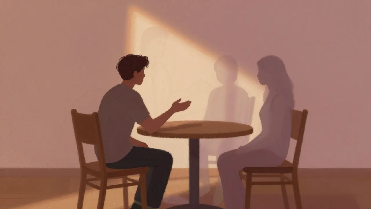 Člověk mluví k prázdné židli, kolem ní se objevují stíny minulosti v měkké, snové atmosféře.