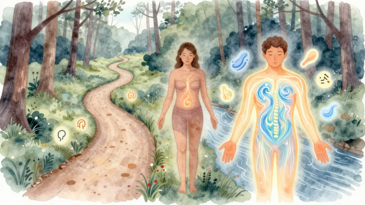 Člověk stojí mezi cestami empatie a tělesného vědomí, obklopen abstraktními symboly pocitů a dechu.