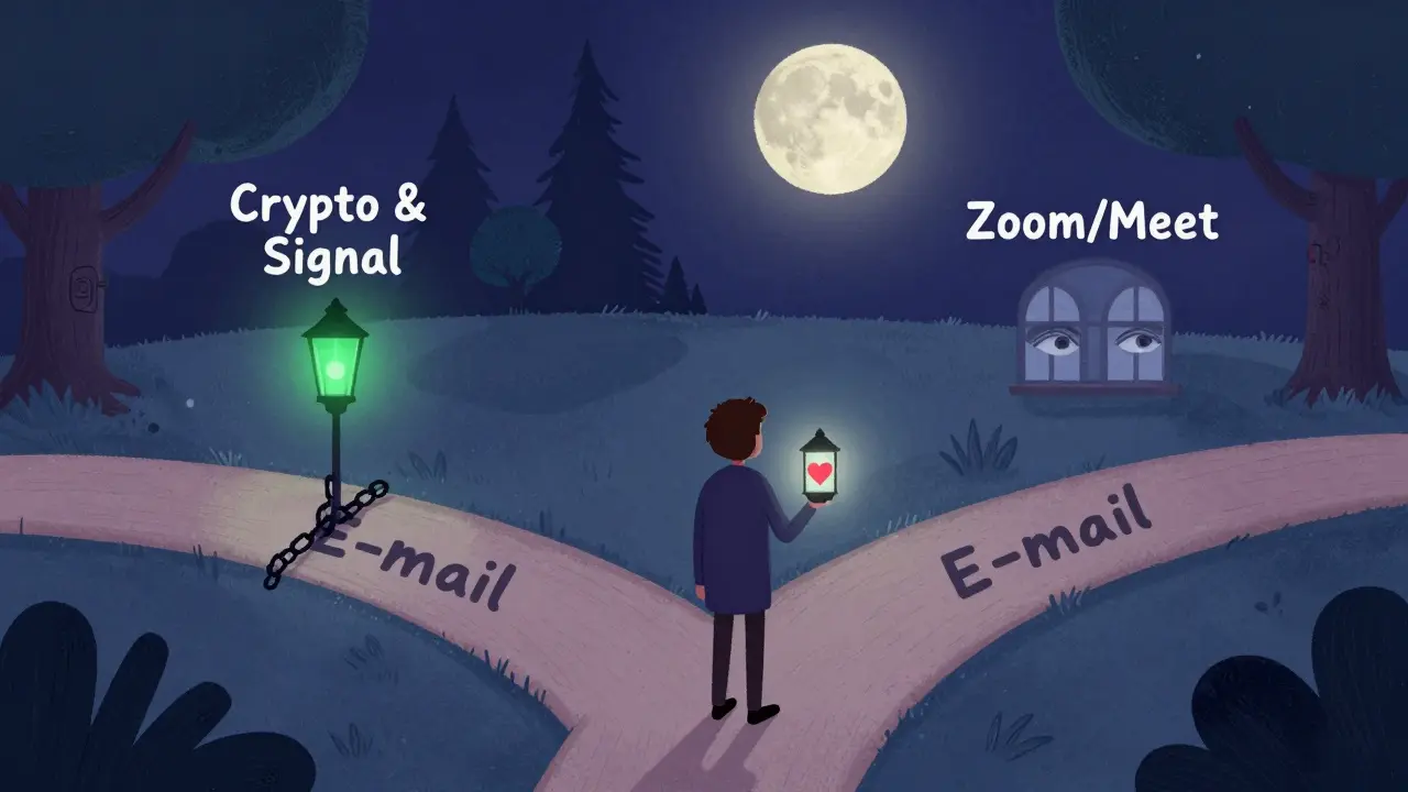 Člověk stojí na křižovatce s třemi cestami, jedna z nich je osvětlena zeleným světlem, ostatní jsou zakázané.