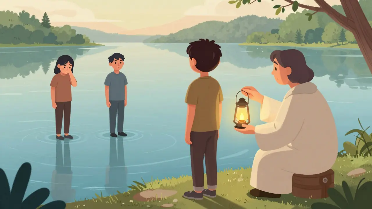 Člověk stojí u jezera, jeho odraz ukazuje dvě verze sebe, terapeut mu podává lucernu.