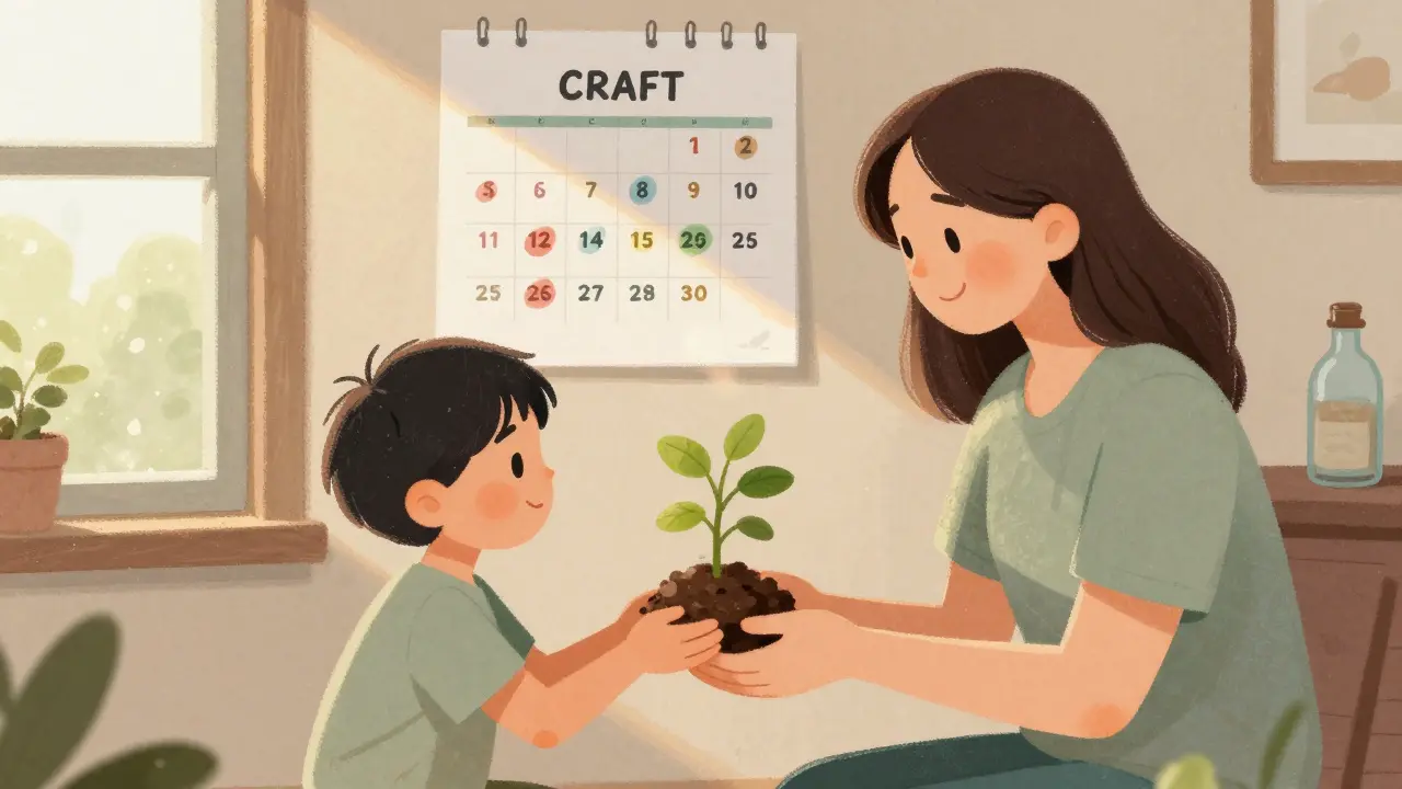 Dítě dává rodiči rostlinku, za nimi kalendář s označenými sezeními a zapomenutá láhev.