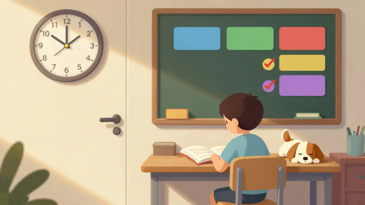 Dítě pracuje na stole s vizuálním plánem a hodinou, klidné prostředí.