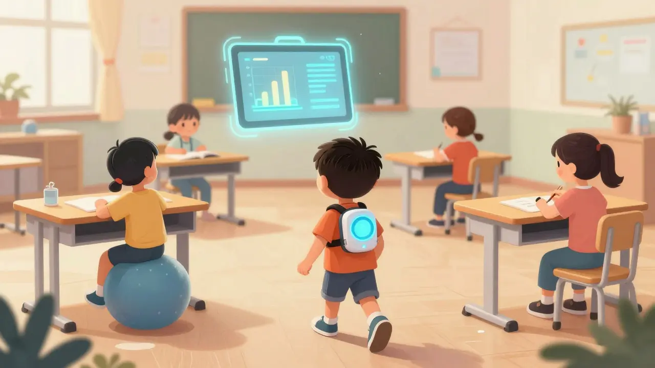 Dítě s čipem na zádech chodí po třídě, kde ostatní děti pracují stojící nebo na míčcích, v pozadí se objevuje digitální rozhraní.