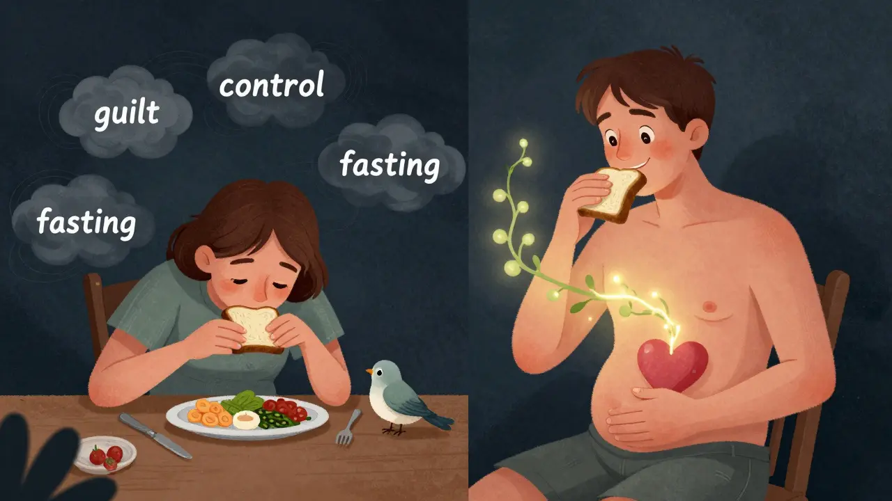 Dvě verze osoby: jedna v úzkosti před jídlem, druhá v klidu, spojená světlem s tělem a srdcem.