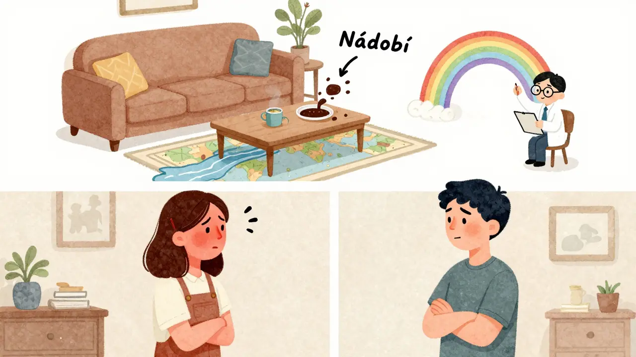 Kartónová scéna hádky, kde bytové problémy přežívají jako válečná mapa.