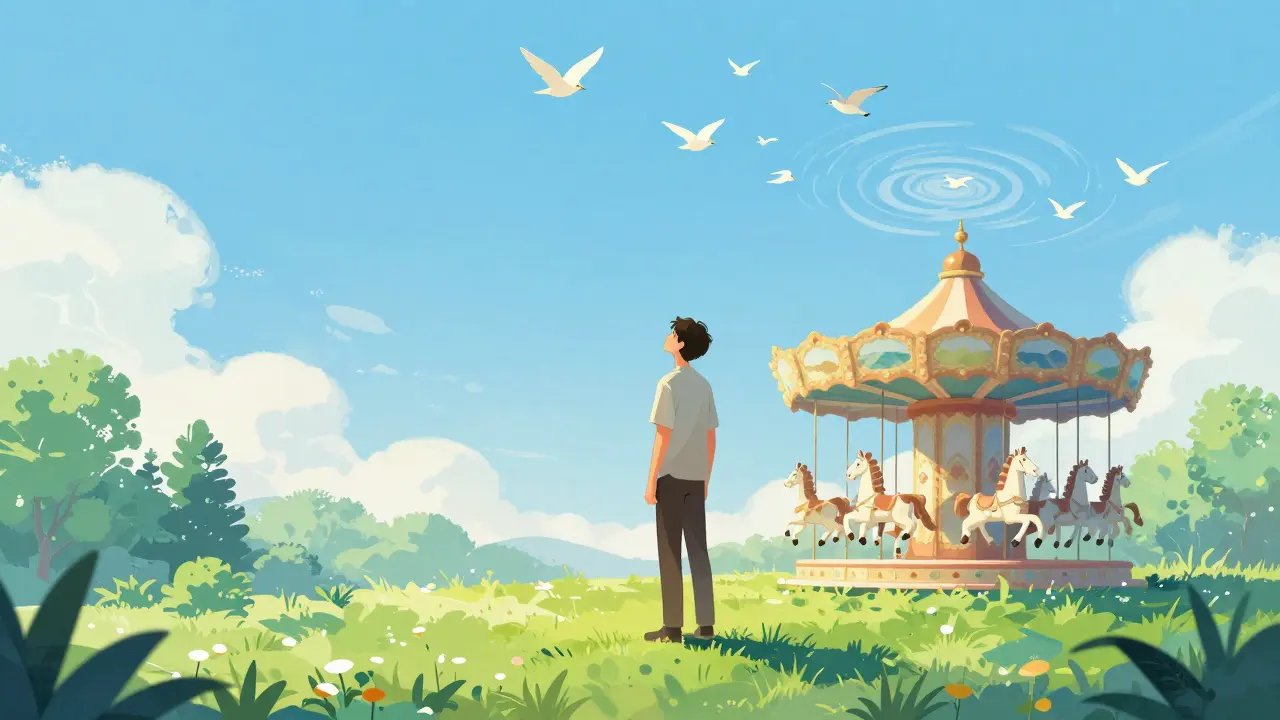 Klidná postava mezi ptáky na modré obloze.