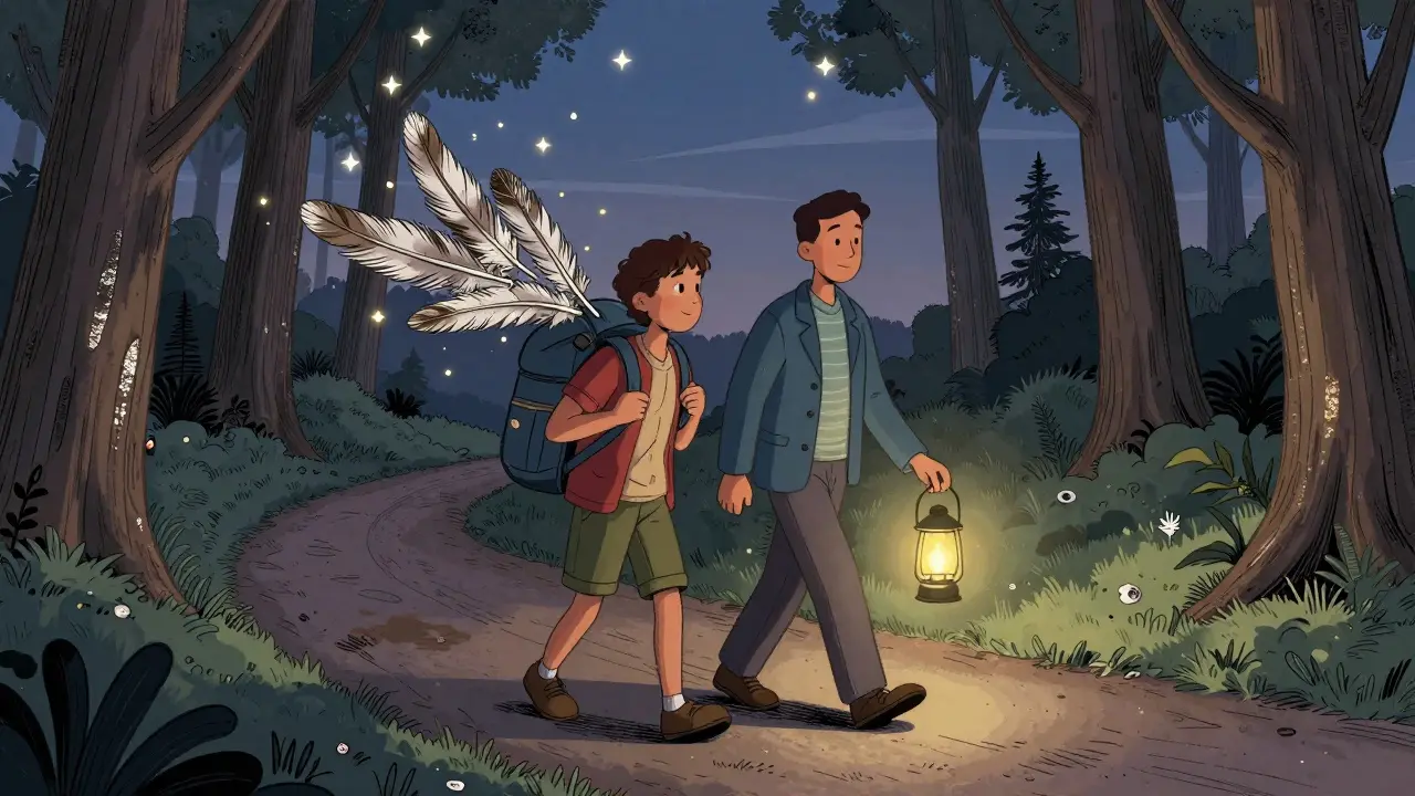 Klient a terapeut jdou společně cestou, kde těžký batoh se mění v peří pod hvězdami.