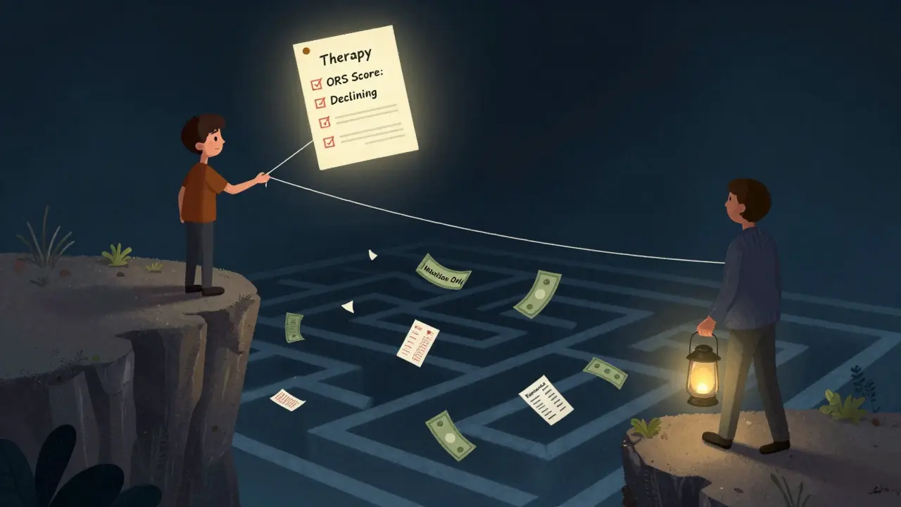 Klient stojí na okraji skály, drží tenký nit, který vede k terapii, zatímco terapeut odchází.