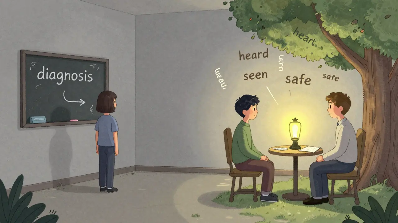 Kontrast mezi izolací a bezpečím: jedna strana prázdná místnost, druhá strana pod stromem s teplým světlem.