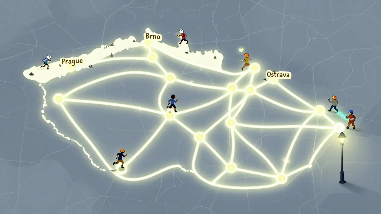 Mapa Česka s nerovným přístupem k krizové pomoci: Praha má silné spojení, Ostrava je osamělá a slabě osvětlená.