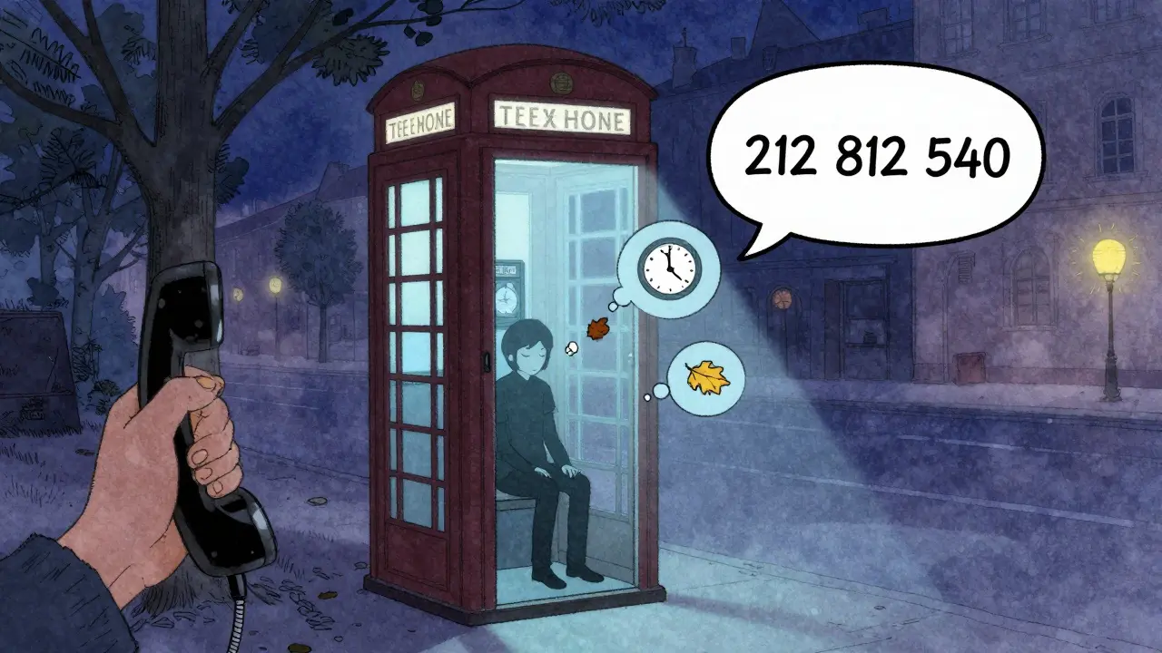 Noční telefónní kabinka s číslem 212 812 540, osoba uvnitř v klidu, kolem ní myšlenky ztráty a naděje.