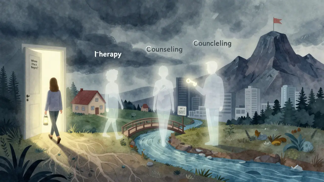 Osoba vchází dveřmi, z nichž se objevují tři symbolické postavy představující tři přístupy k duševnímu zdraví.