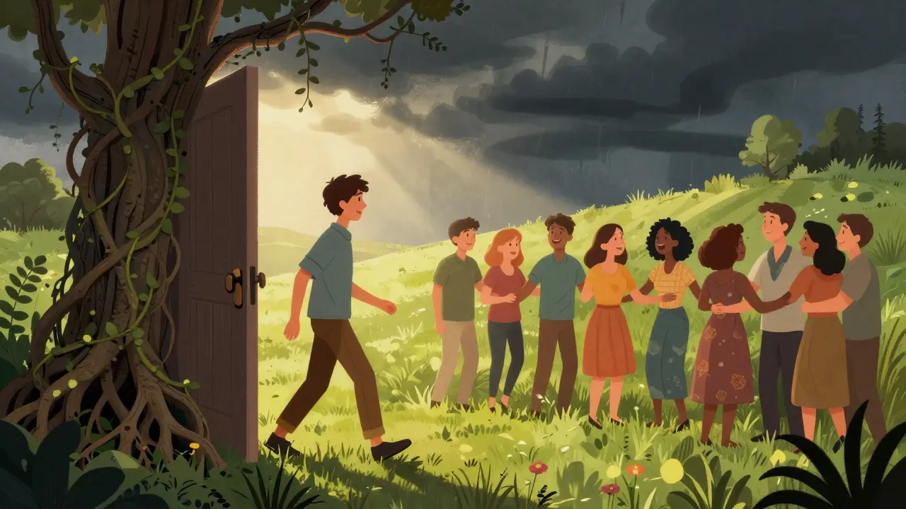 Osoba vchází skrz dveře z kořenů do osvětlené louky, kde lidé spolu komunikují.