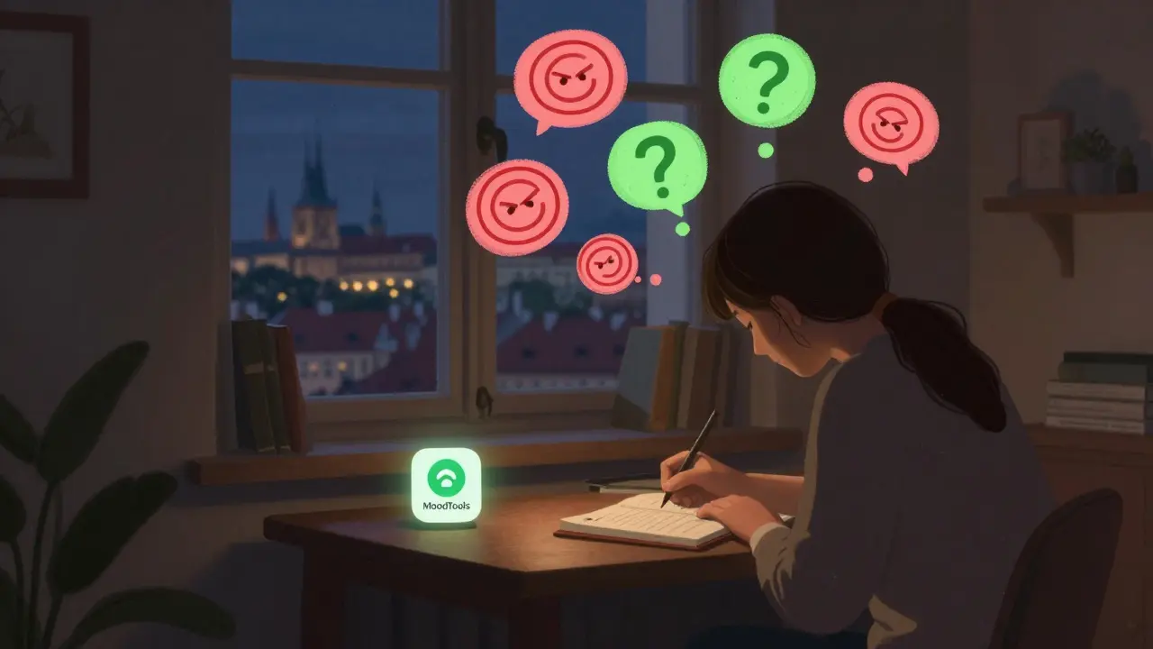 Osoba zapisuje emoce večer v kuchyni, myšlenky se mění z červených spirál na zelené otazníky, na stole svítí aplikace MoodTools.