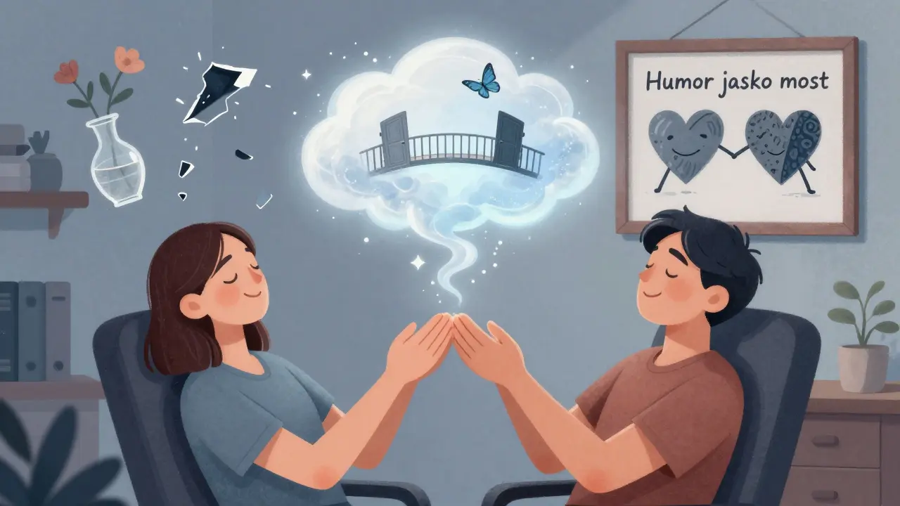 Pár v klidu, jejich smích se mění v květiny a motýly, symbolizující úlevu.