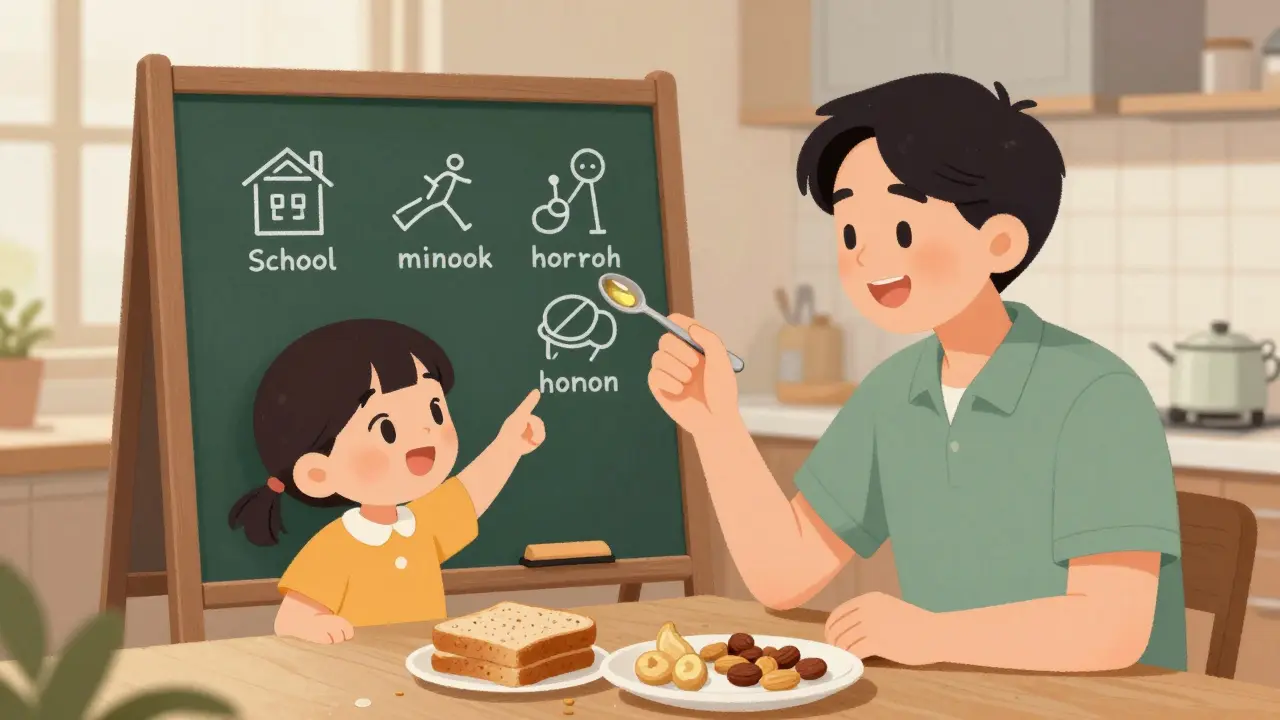 Rodič a dítě společně sledují magnetický plán dne s ikonami, vedle nich jsou potraviny bohaté na EPA a DHA.