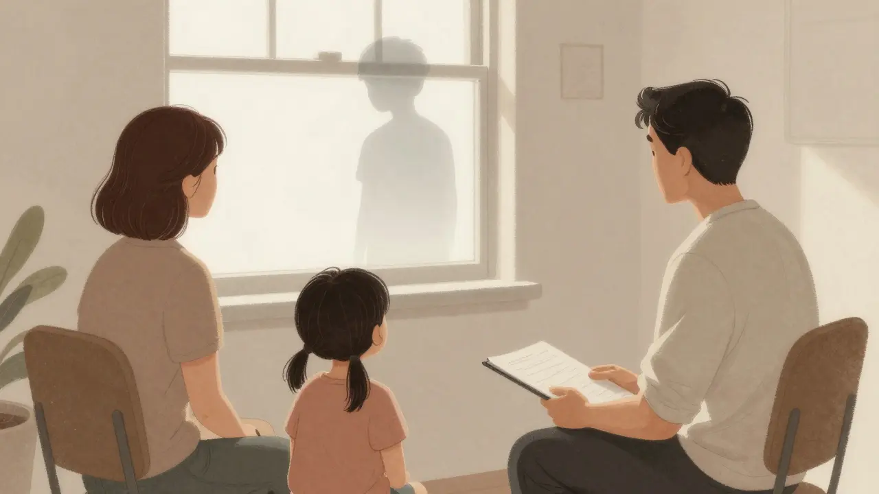 Rodiče spolu s terapeutem v kanceláři, zatímco závislý dítě stojí v dálce u okna.