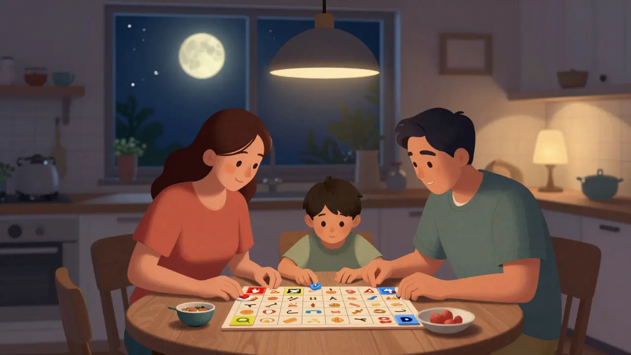 Rodina společně dokončuje denní plán s magnetky ve večerní atmosféře.