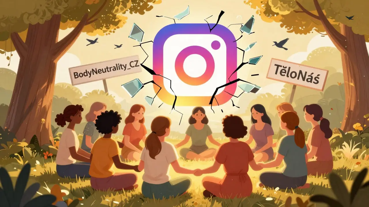 Skupina žen různých tělesných tvarů sedí v kruhu pod stromem, zatímco Instagramové logo praská a mění se v symboly přijetí těla.