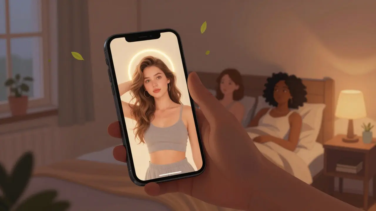 Telefon na nočním stolku s dvěma protiklady: dokonalá těla na jedné straně, skutečná těla na druhé.